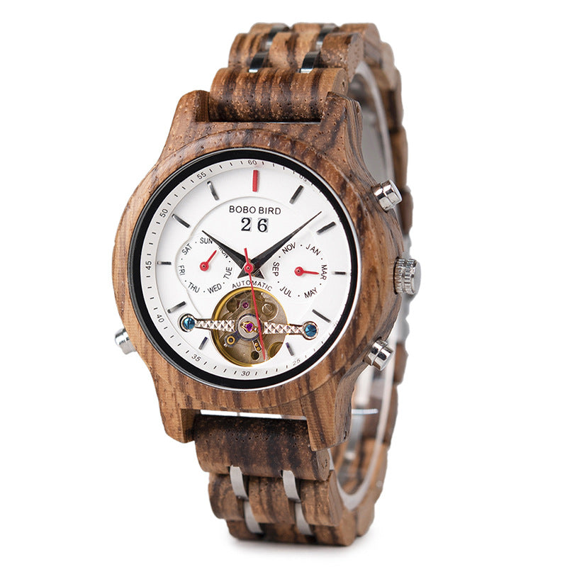 Business Flywheel Mechanical Multi-function Wooden Watch