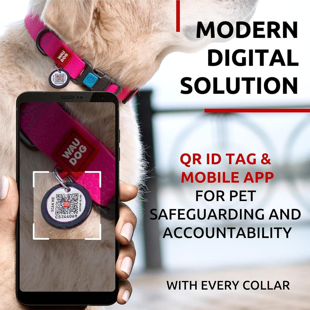 Waterproof Dog Collar Adjustable 17–28 in Neck x 1 3/5 in Wide Buckle & QR Tag Pink