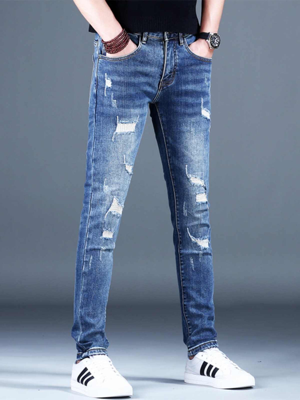 Ripped Fleece Slim-fit Stretch Jeans