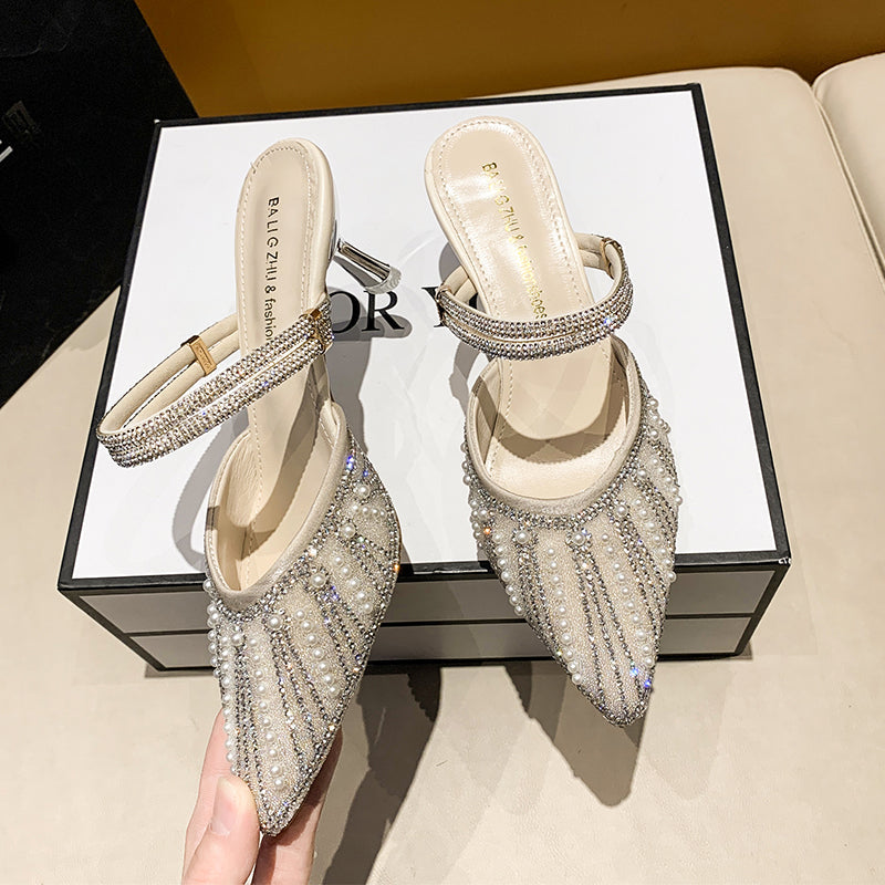 Women Pearl Rhinestone Pointed Toe High Heel Slippers, 2026 New Korean Fairy Style Thin Heel Single Strap Sandals For Outdoor Wear