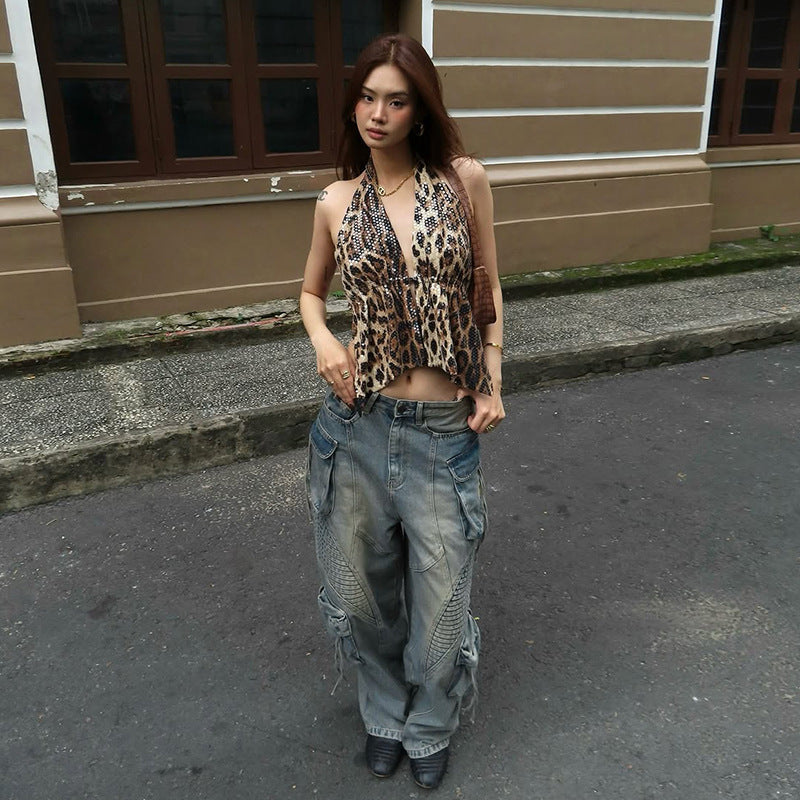 Elegant Halter-neck Backless Sequin Leopard-print V-neck Tank Top