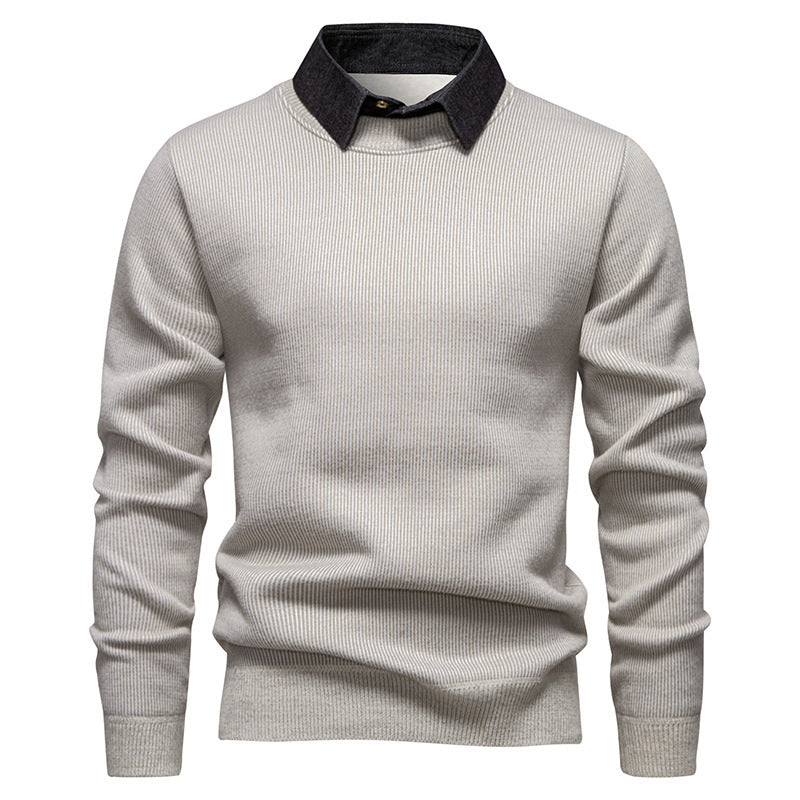 Mens Faux Two-piece Base-layer Knit Casual Shirt-collar Sweater