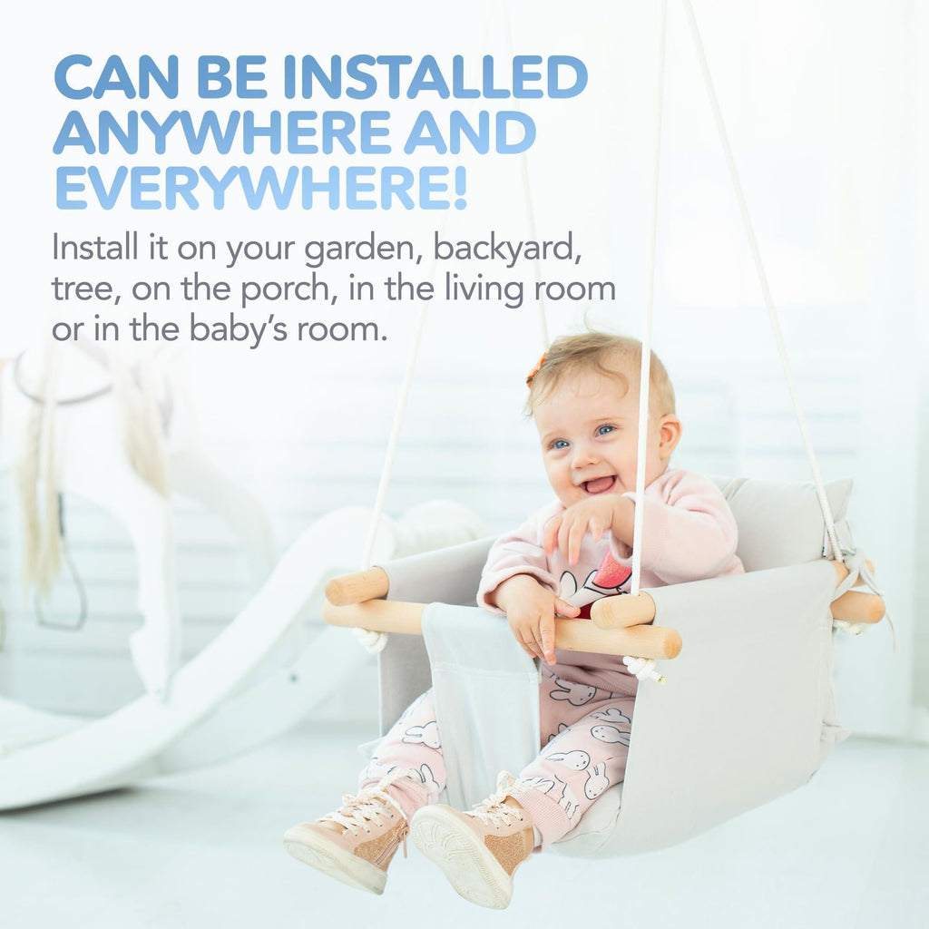 Grey Canvas Baby Swing Wooden Hanging Swing Seat Chair with Safety Belt Durable Baby Swing Chair Outdoor and Indoor Swing for Kids Mounting Hardware Included Gray