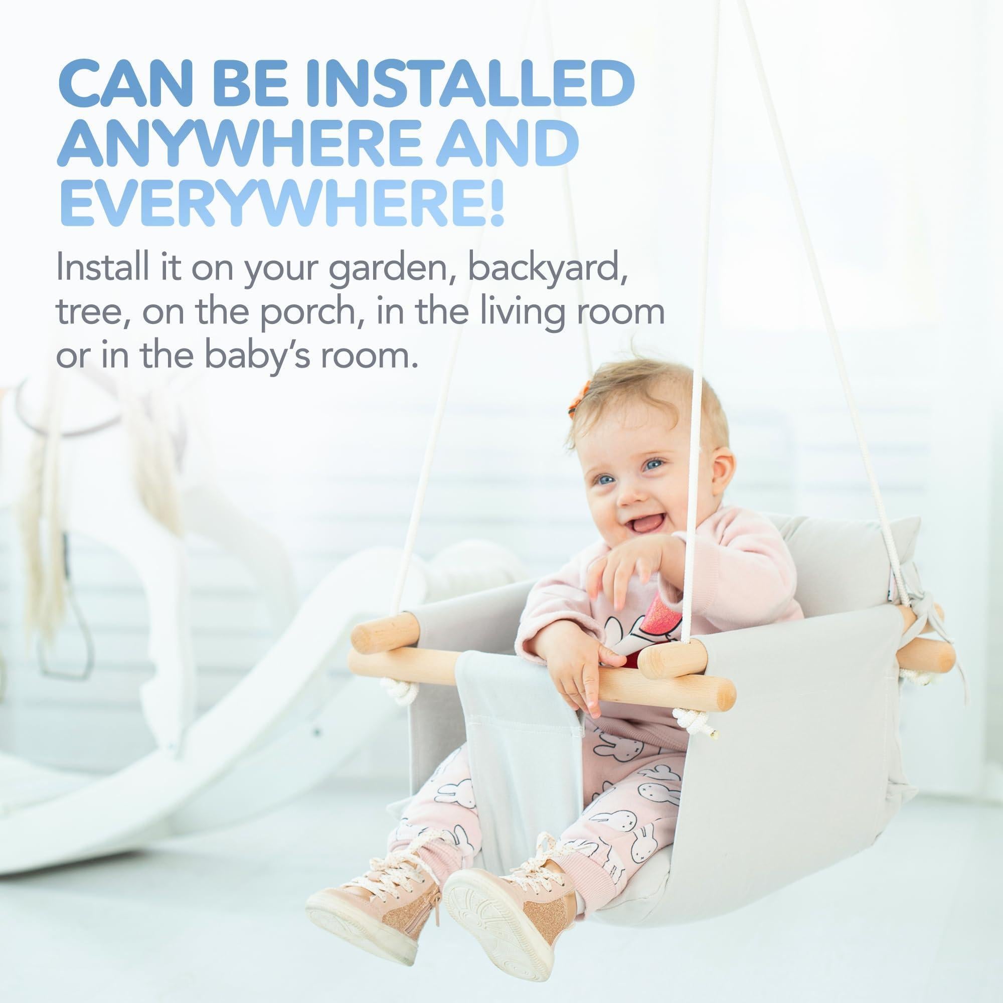 Grey Canvas Baby Swing Wooden Hanging Swing Seat Chair with Safety Belt Durable Baby Swing Chair Outdoor and Indoor Swing for Kids Mounting Hardware Included Gray