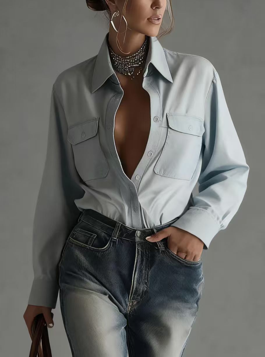 Stylish Relaxed-fit Long-sleeve Collar Shirt For Women