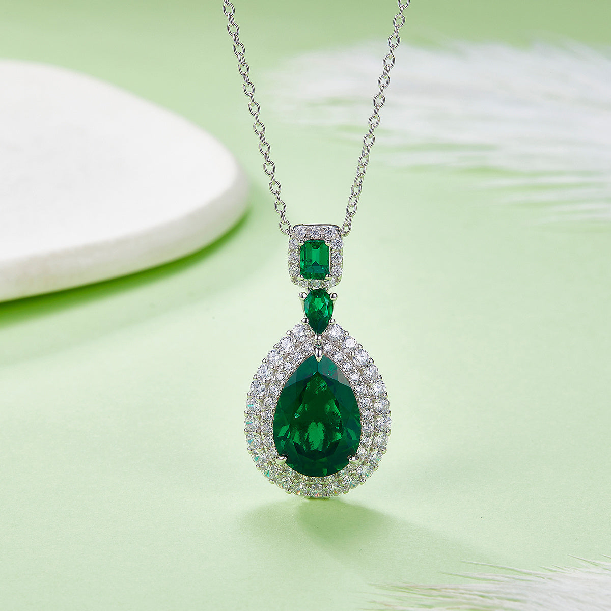 S925 Sterling Silver Lab-Grown Ruby Emerald Necklace, 13x9mm Pear Double Halo Pendant, Platinum Plated 40&45cm Chain, 5.8g Women's Gift Box