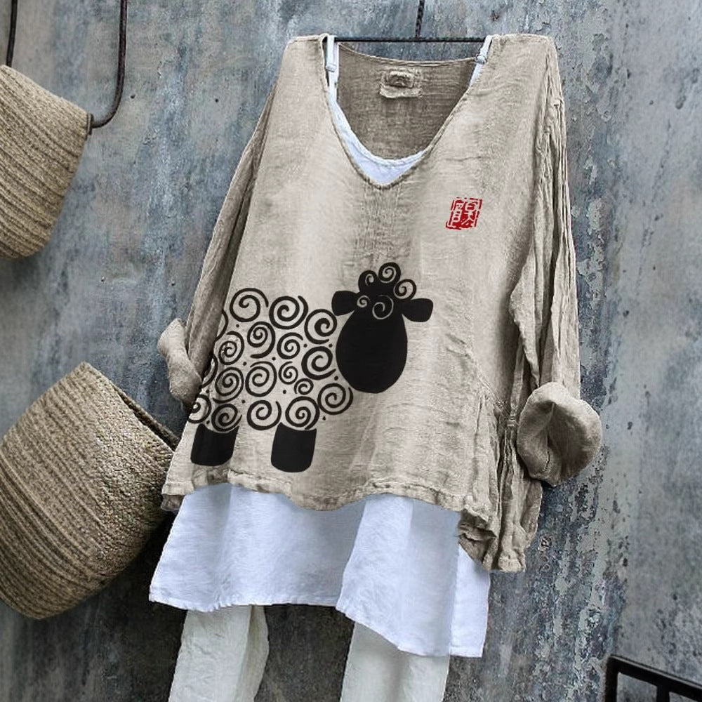 SpringSummer V-neck Long-sleeve Shirt Artistic Retro And Relaxed-fit