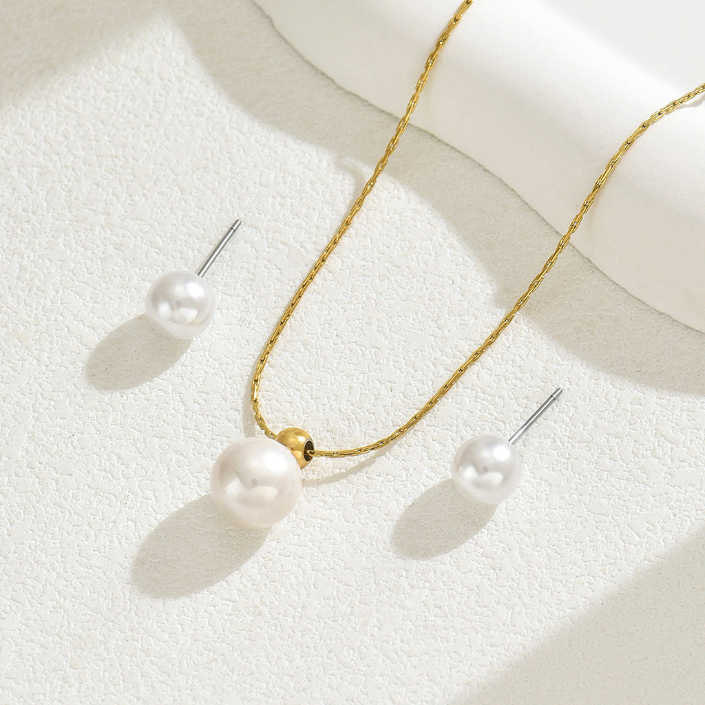 Minimalist Japanese Korean Style Geometric Pearl Jewelry Set, Niche Inlaid Craft Design Necklace & Sweet Versatile Earrings For Women