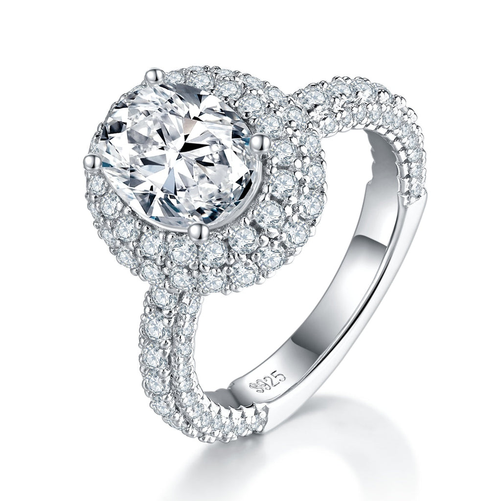 S925 Sterling Silver 2ct Oval Moissanite Ring, 7x9mm D-VVS1 Double Halo, Platinum Plated 5.3g US Sizes 5-9, GRA Certificate Gift Box