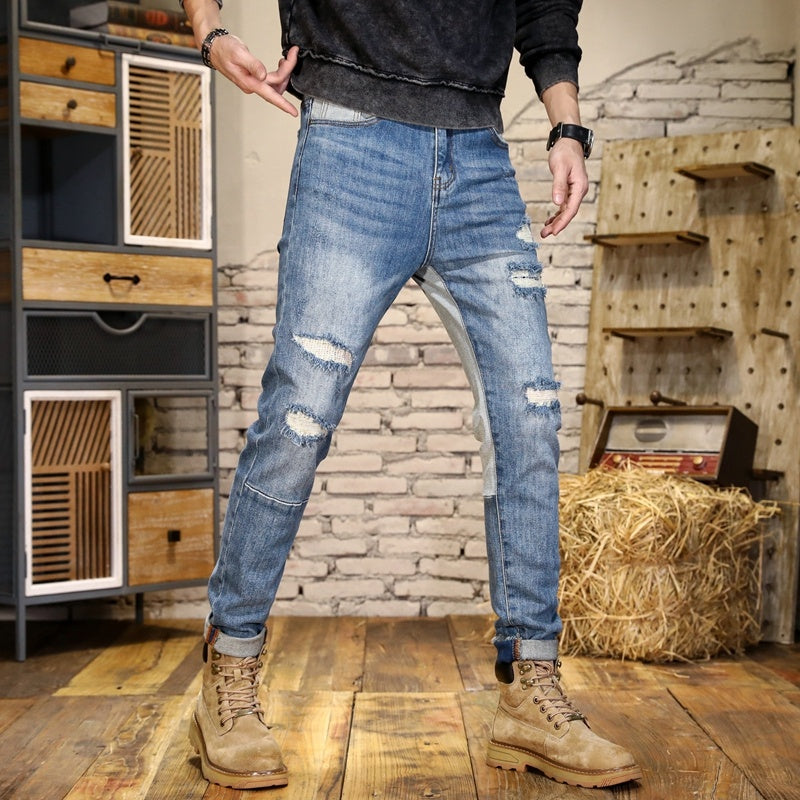 Men's Hole Patch Contrast Slim Fit Jeans