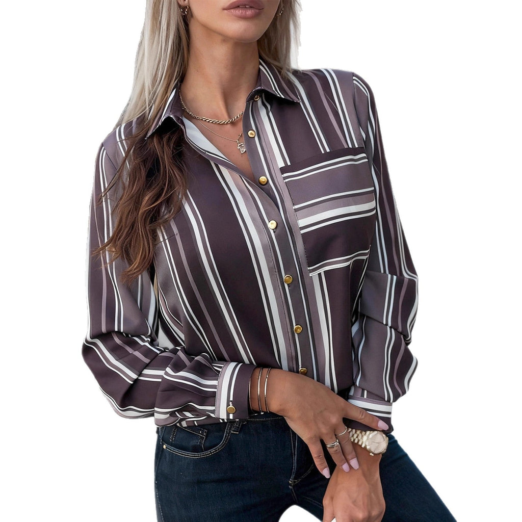 Elegant Sophisticated Striped Patchwork Print Blouse With Long Sleeves For Workwear