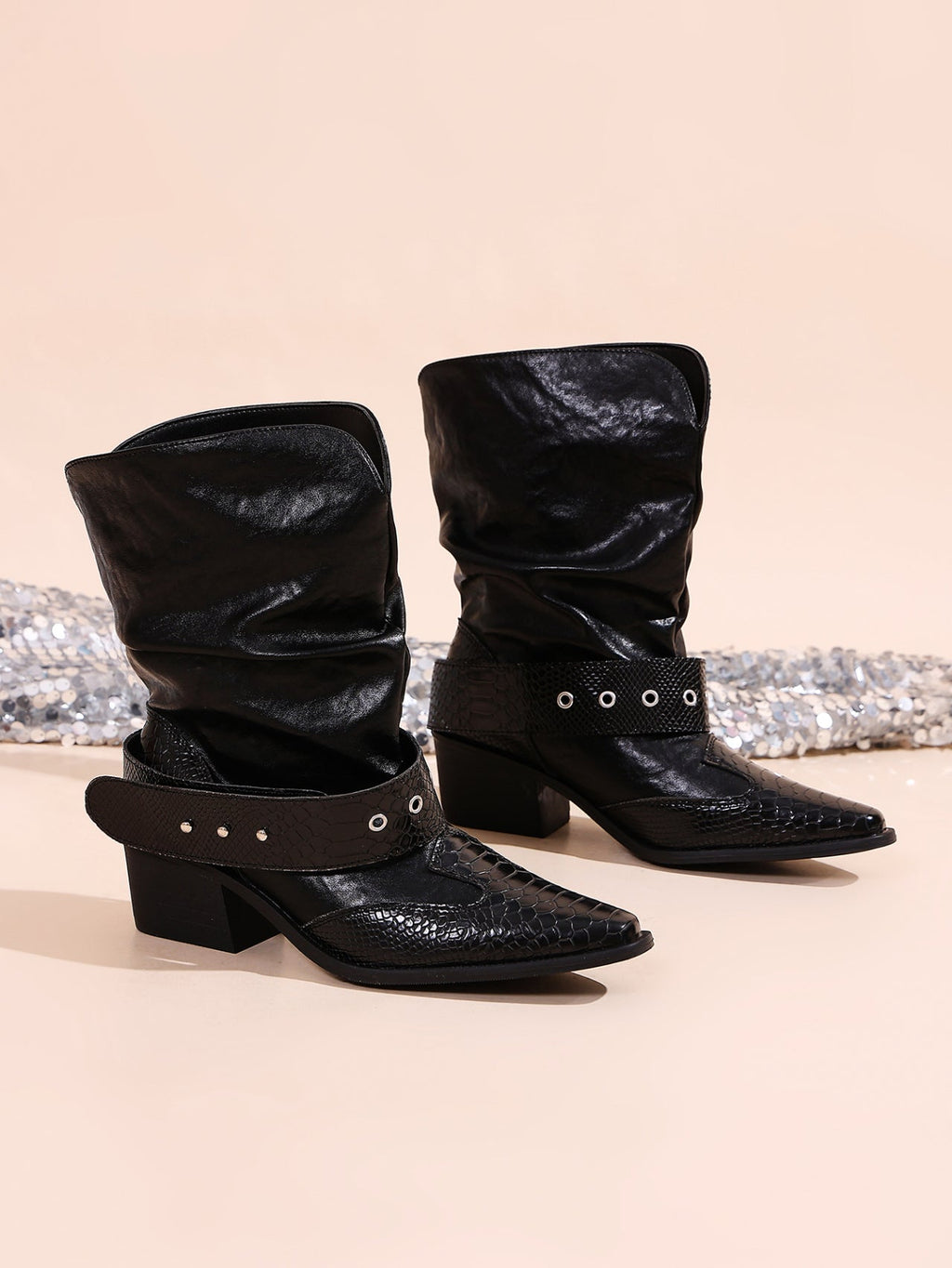 Women Stylish Ruched Western Cowboy Ankle Boots, 2026 Spring Summer Hit Style Black Slim Fit Pointed Toe Block Heel Knight Short Boots