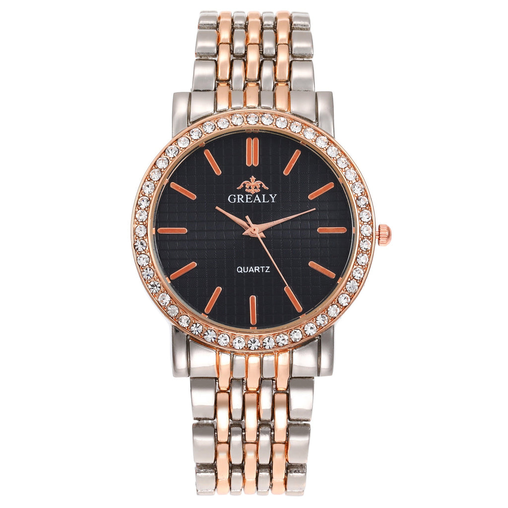 Simple Casual Quartz Watch with Steel Strap and Diamond Detailing