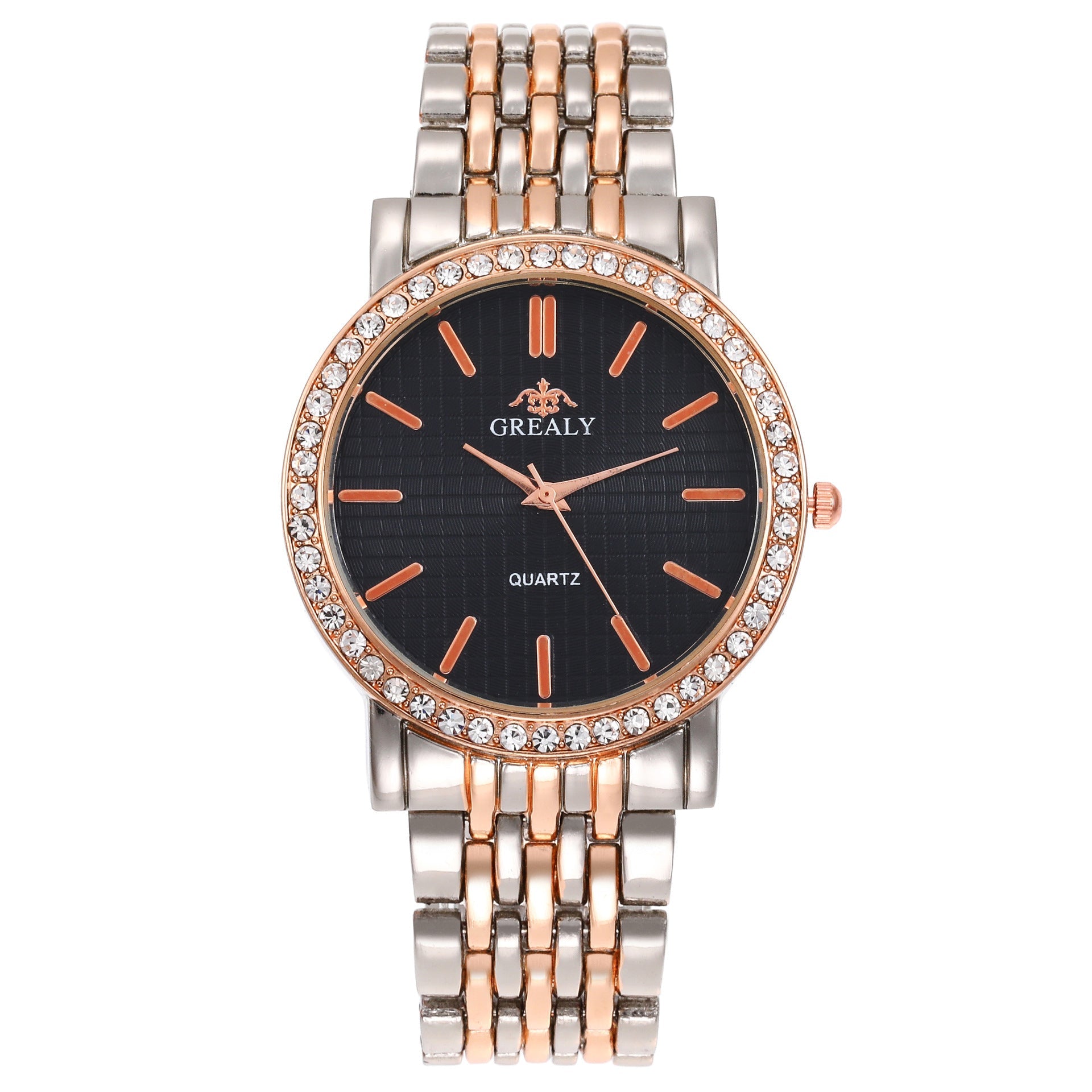 Simple Casual Quartz Watch with Steel Strap and Diamond Detailing