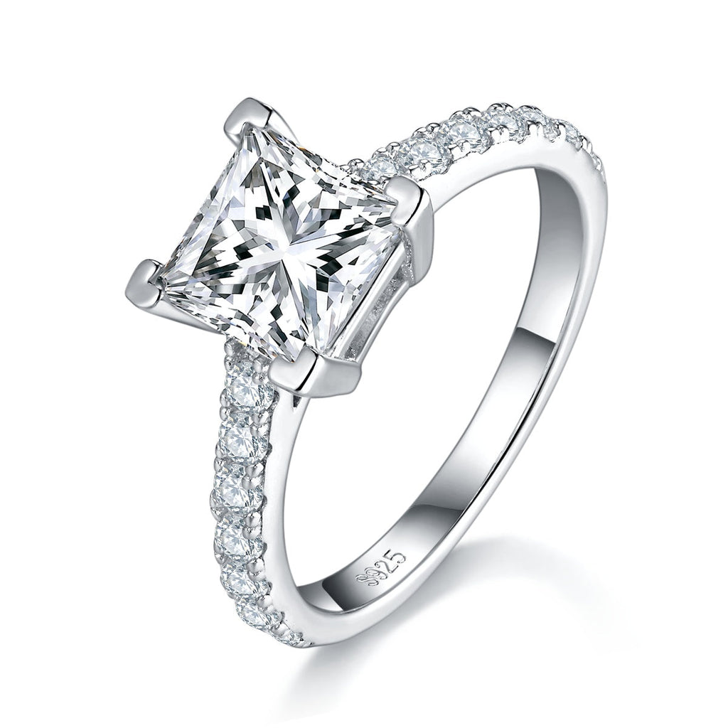 S925 Sterling Silver 2ct Princess Cut Moissanite Ring, 7x7mm D-VVS1 Pave Band, Platinum Plated US Sizes 5-9, GRA Certificate Jewelry Gift Box