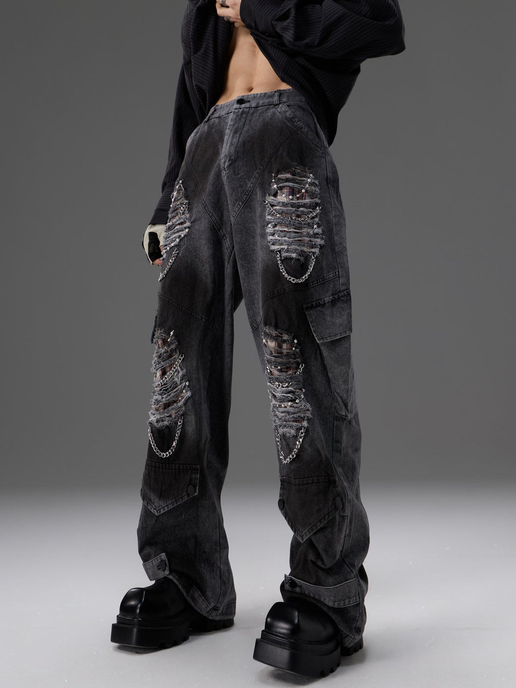 Retro Distressed Denim Jeans With Pearl And Metal Hardware Work Pants