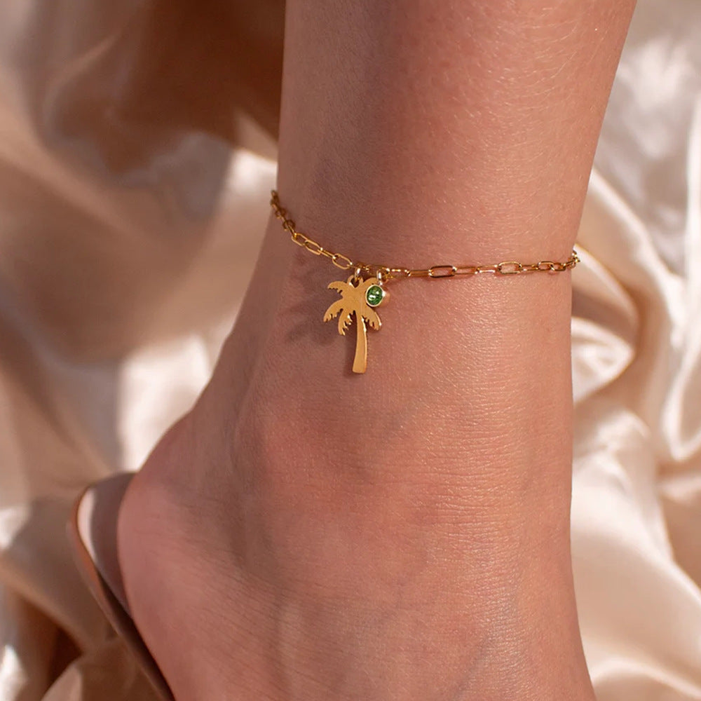 Palm Tree Birthstone Anklet Paperclip Chain Anklet Fashionable Jewelry