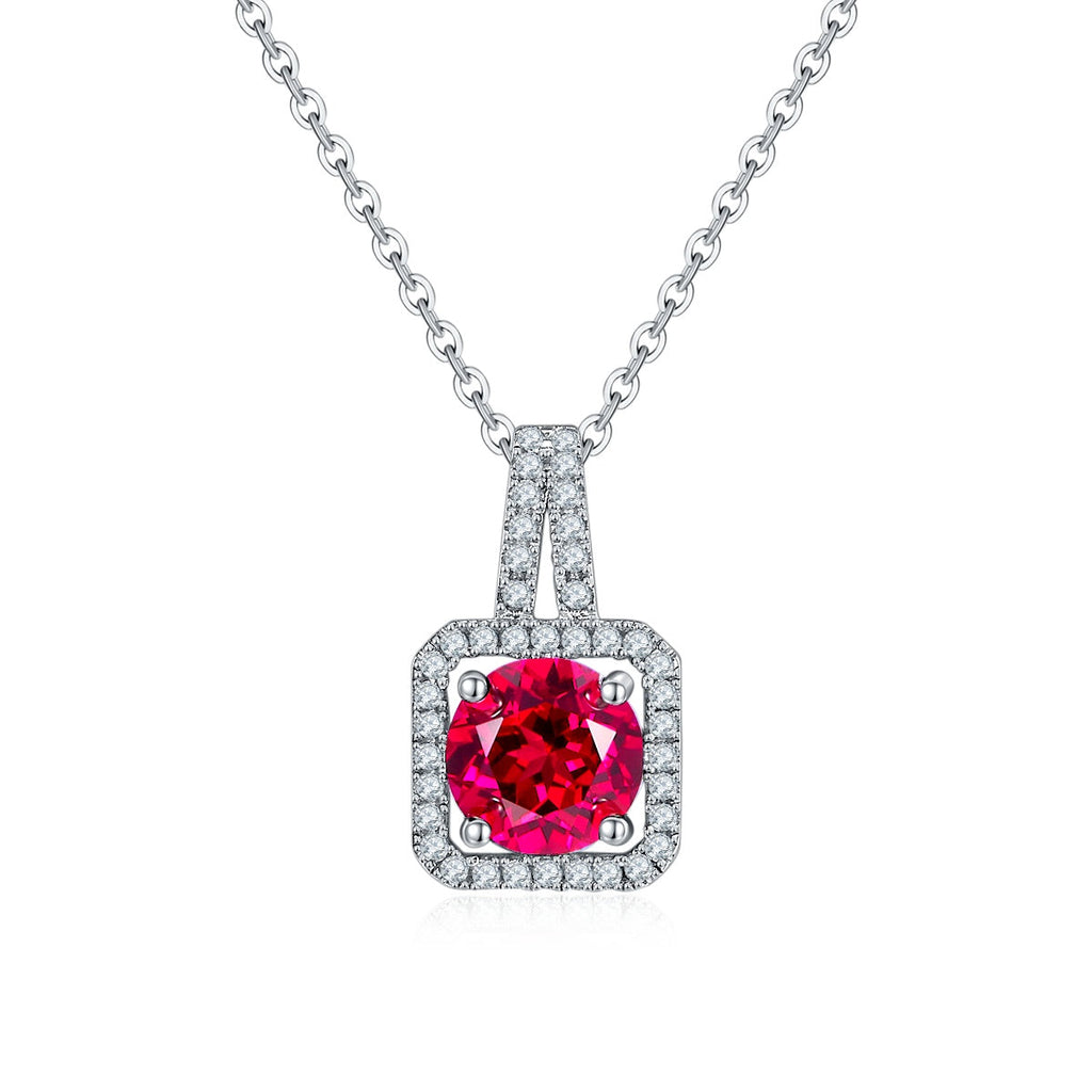 S925 Sterling Silver 2ct Lab-Grown Ruby Emerald Pendant Necklace, Platinum Plated Square Halo With Split Pave Bail, Women's Fine Jewelry Gift Box