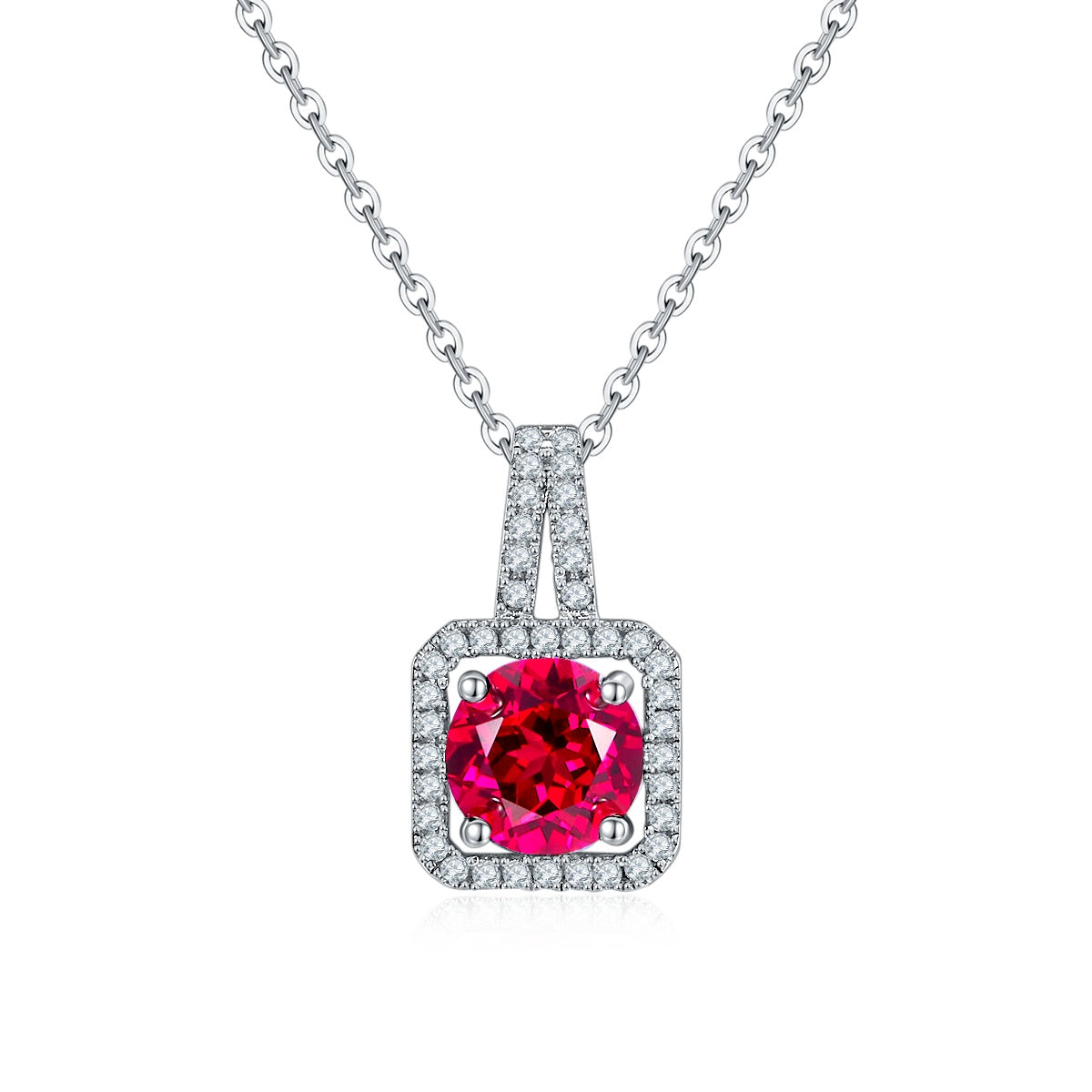 S925 Sterling Silver 2ct Lab-Grown Ruby Emerald Pendant Necklace, Platinum Plated Square Halo With Split Pave Bail, Women's Fine Jewelry Gift Box