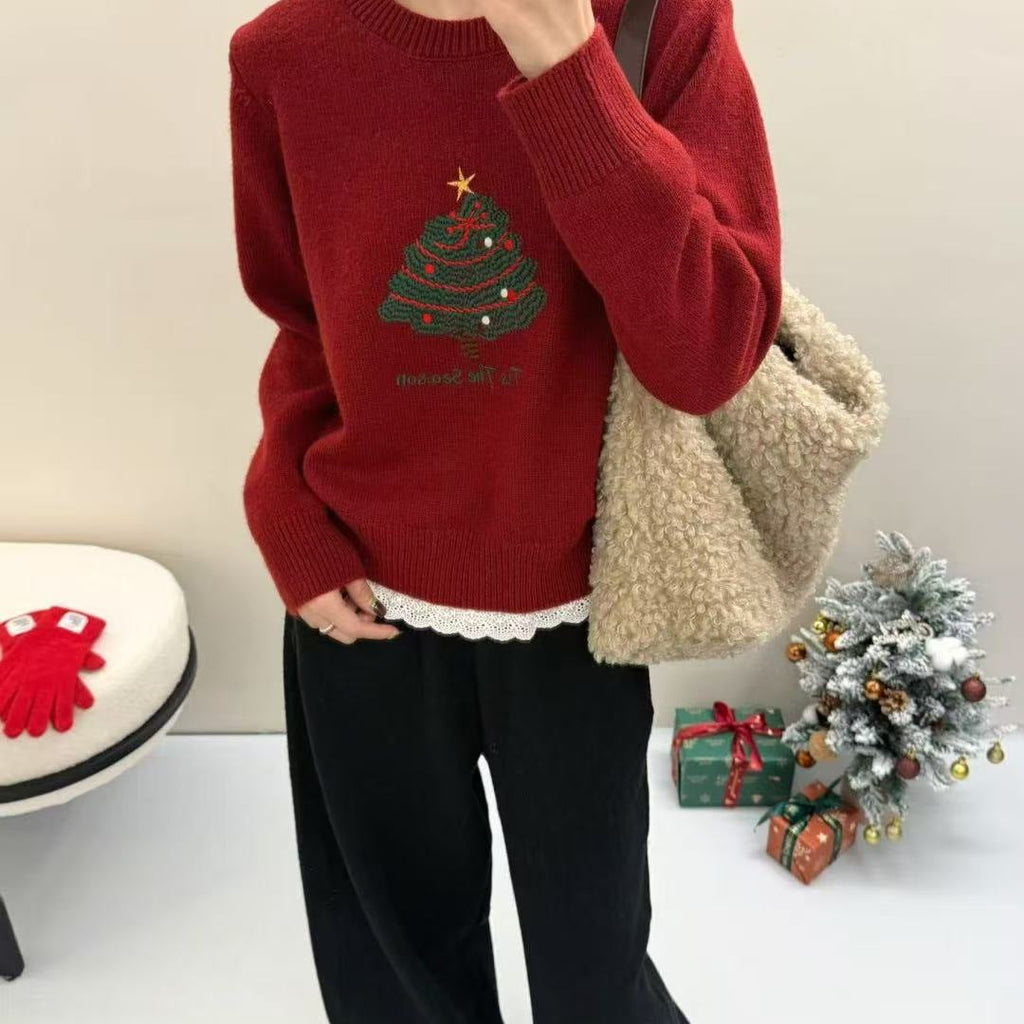 Womens Christmas Tree-Print Thermal Lace-Patchwork Sweater Preppy-Style Pullover Sweater