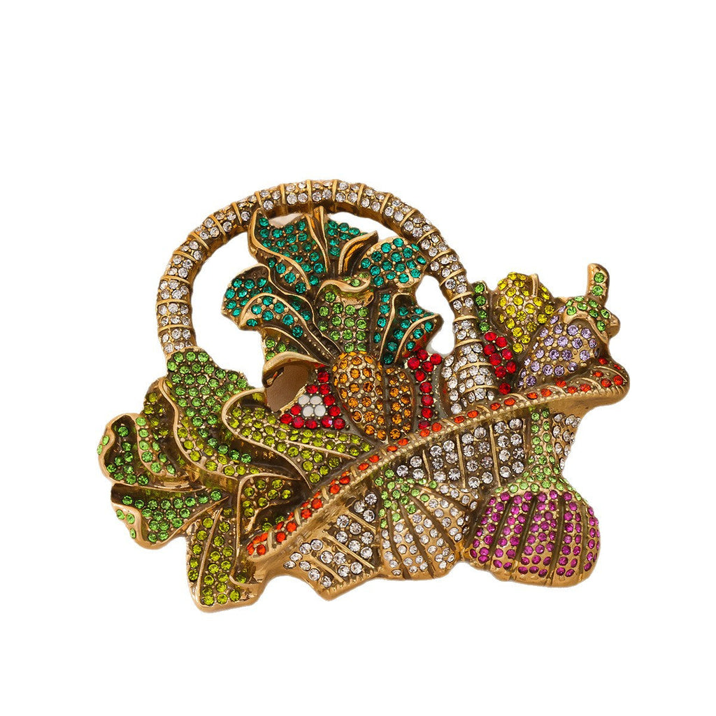 Heavy-industry Rhinestone Fruit Basket Brooch Vintage Distressed Style