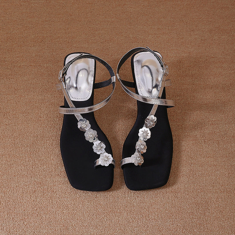 Women Elegant Square Toe High Heel Sandals, Simple Delicate Toe Loop Single Strap Floral Fashion Shoes For Summer Outdoor Wear