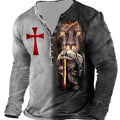 Open Placket Button Digital Print Long Sleeve T-shirt