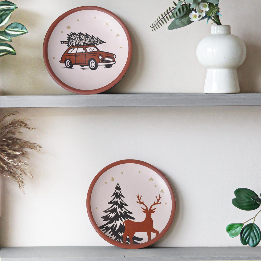 8 Inch Terracotta Winter Plates Set of 2 Ceramic Wall Hanging Clay Decorative Plates for Winter Decorations Round Wall Decor for Living Room & Kitchen