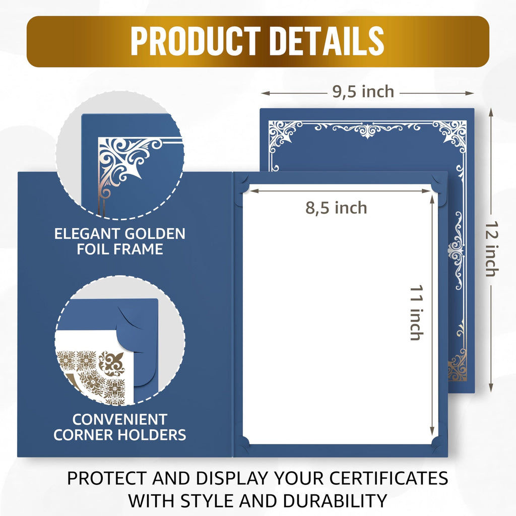 50 Pack Premium Blue Certificate Holders 8.5 x 11 inch Heavyweight 300gsm Cardstock Diploma Holder & Certificate Folder   Award Certificate Folders for Graduation with Gold Foil Diploma Cover