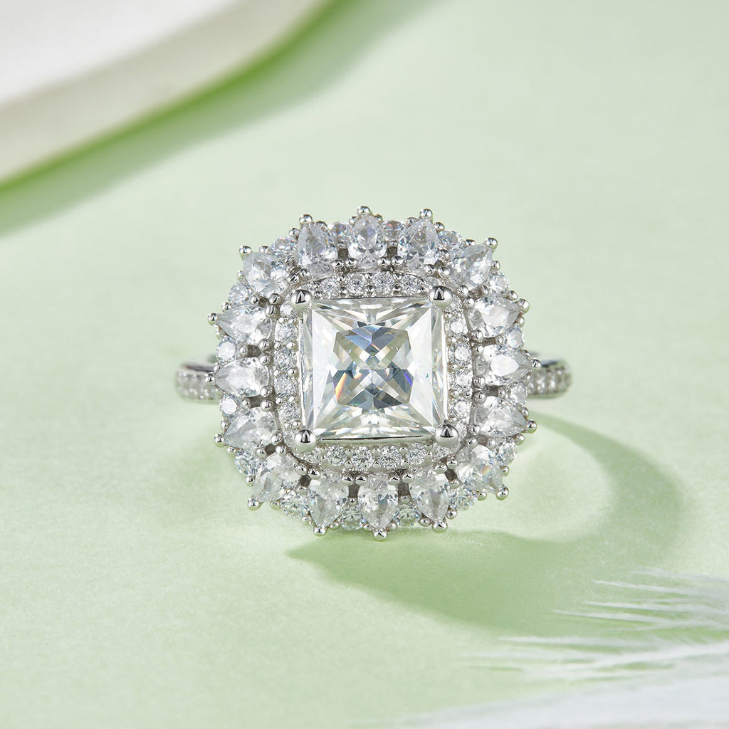 S925 Sterling Silver 2ct Princess Cut Moissanite Ring, D-VVS1 Double Halo Cluster, Platinum Plated 5.8g US Sizes 5-9, GRA Certificate Gift Box
