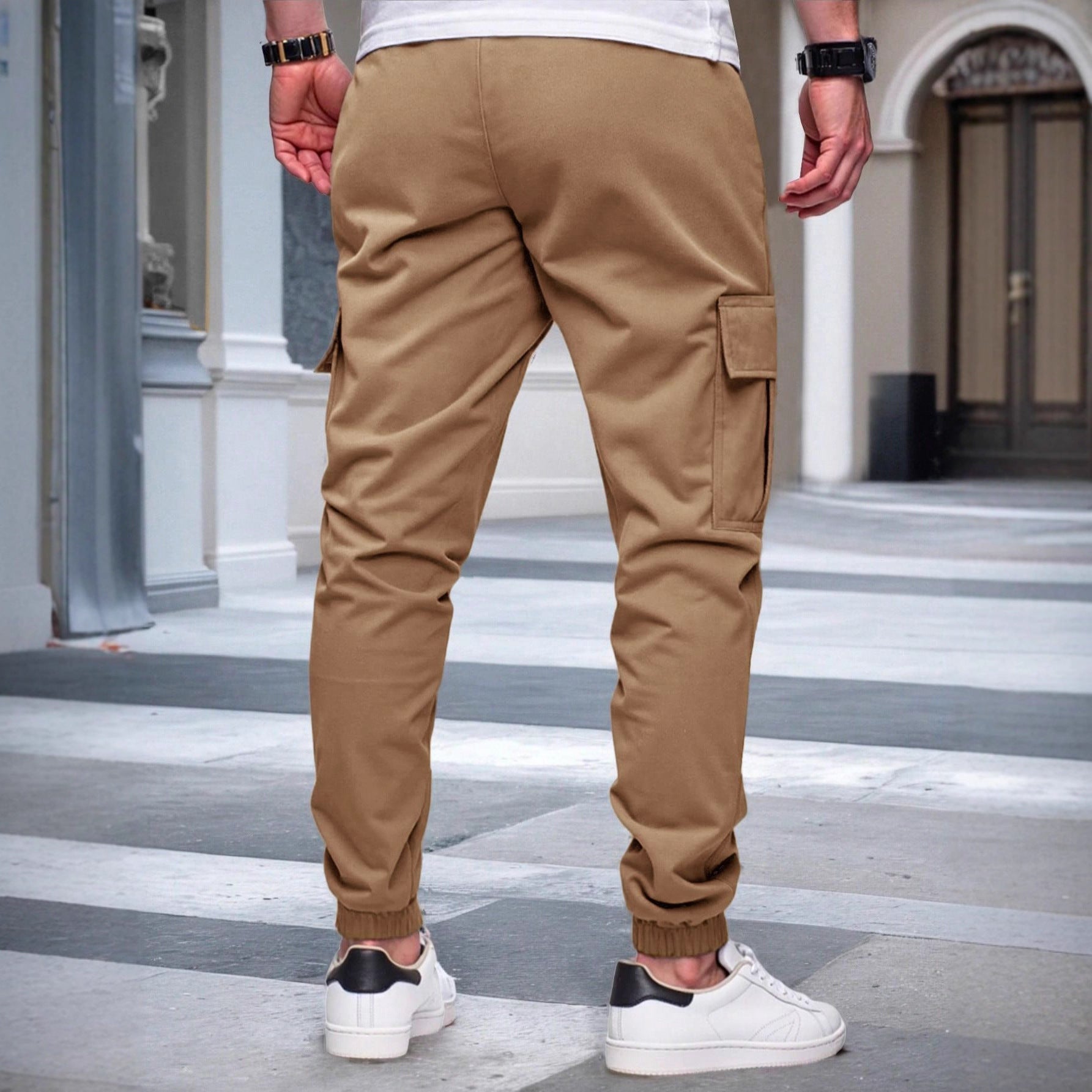 Mens Solid-color Work Pants With Drawstring Elastic Cuffs