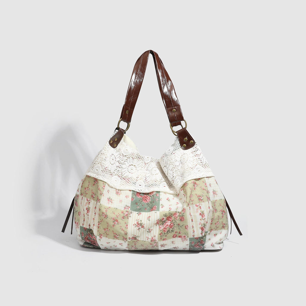 Womens Cotton Floral Patchwork Hollow-Out Shoulder Bag