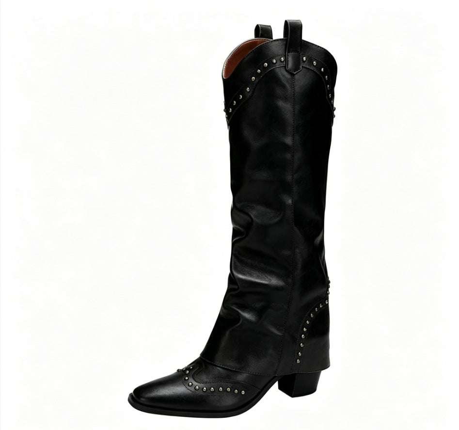 Retro Pointed-Toe Rivet Plus-Size Western Boots