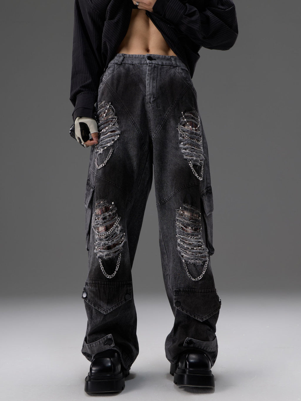 Retro Distressed Denim Jeans With Pearl And Metal Hardware Work Pants