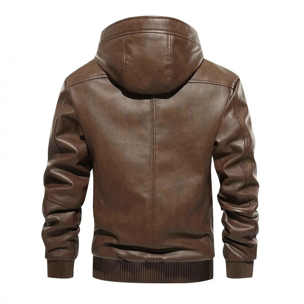 Winter Fleece-lined Men's Casual All-matching Hooded Leather Coat Coat