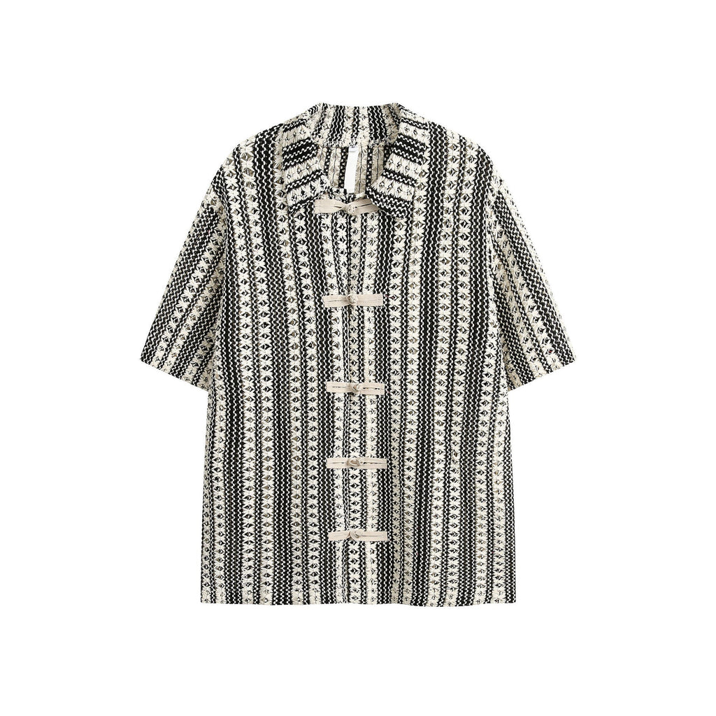 Summer Beige Black Colorblock Turnover Neck Shirt