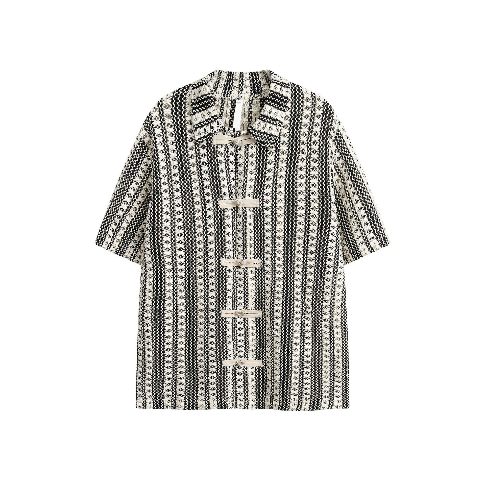 Summer Beige Black Colorblock Turnover Neck Shirt