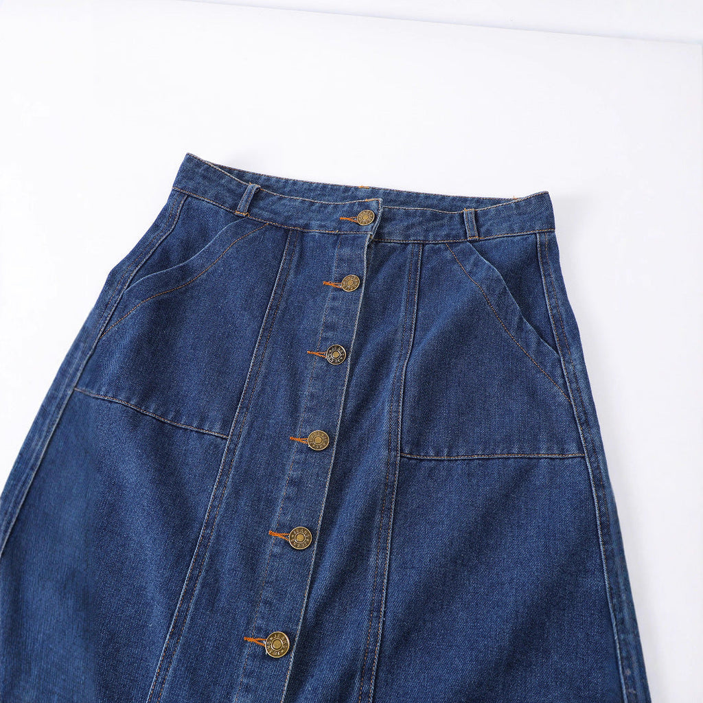 Solid-color Single-breasted Denim Skirt With Pockets
