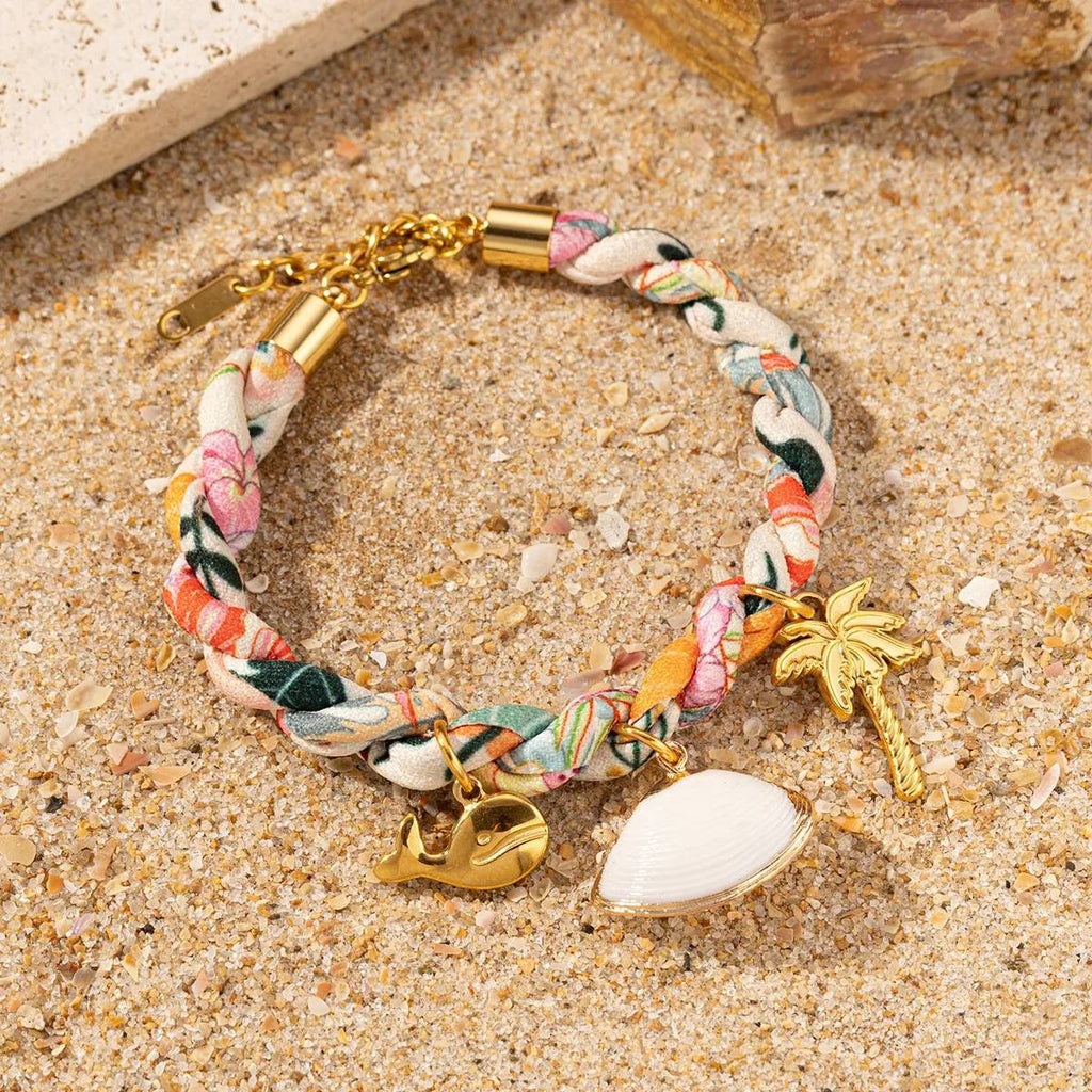 Colored Fabric Fan-shaped Seashell Electroplated 18k Gold Necklace And Bracelet