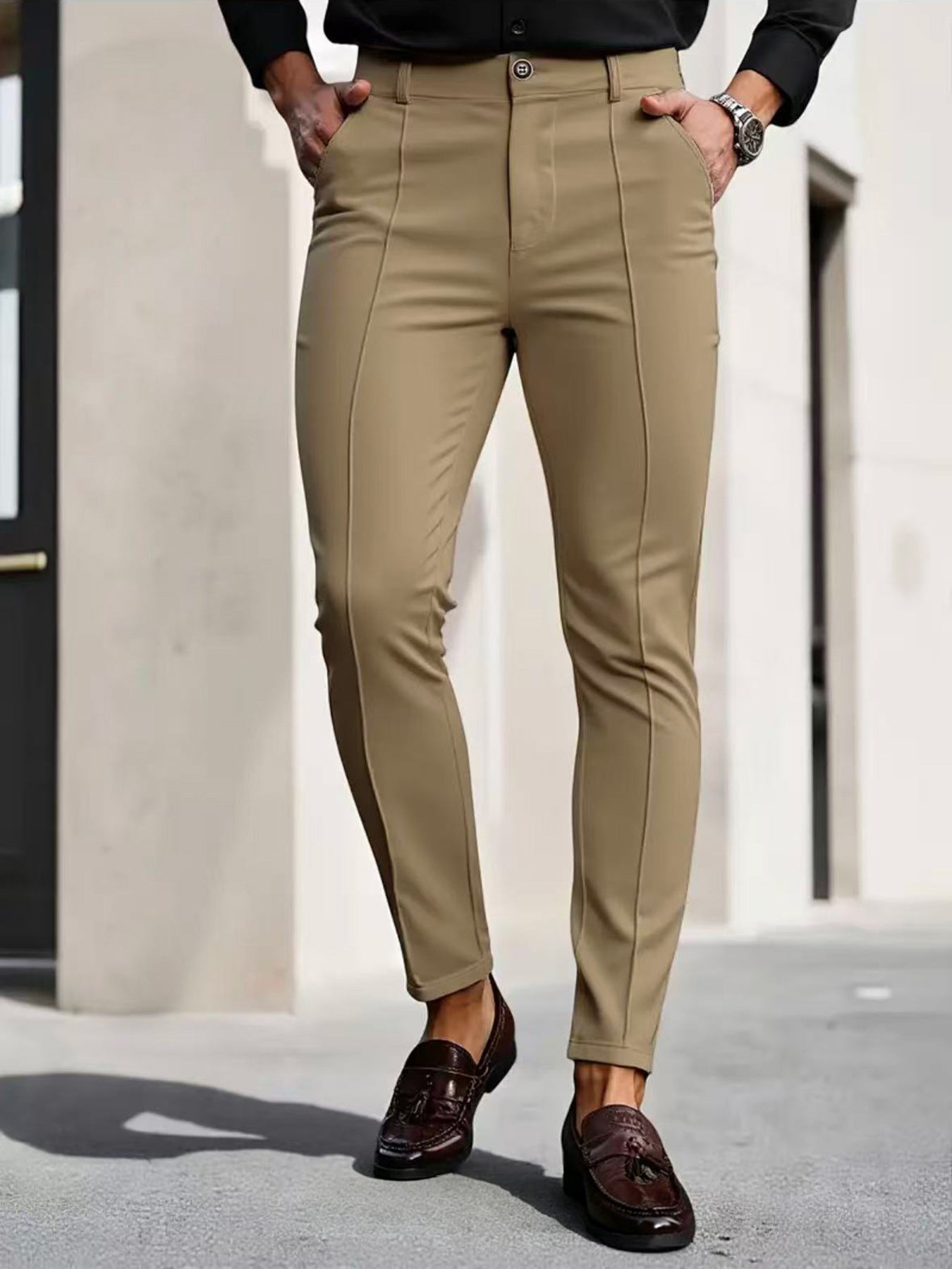 Mens Slim-Fit Solid-Color Stretch Cropped Dress Trousers