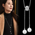 Dainty Pull Adjustable Sweater Chain For Women, Square Zircon Double Pearl Tassel Long Necklace, Elegant Minimal Autumn Winter Fashion Jewelry