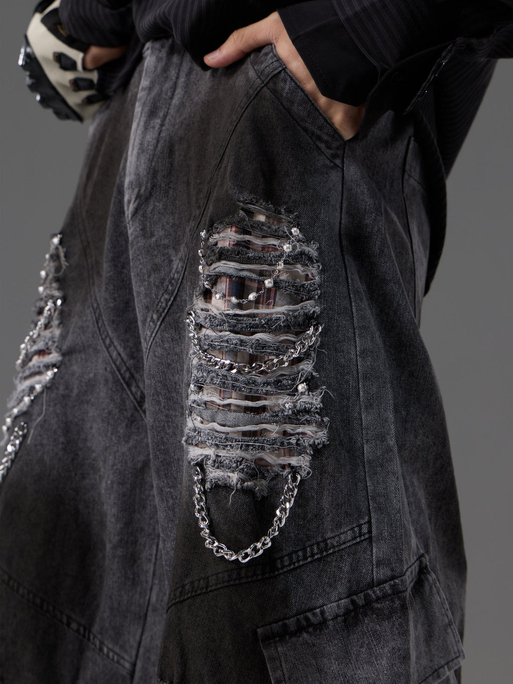 Retro Distressed Denim Jeans With Pearl And Metal Hardware Work Pants