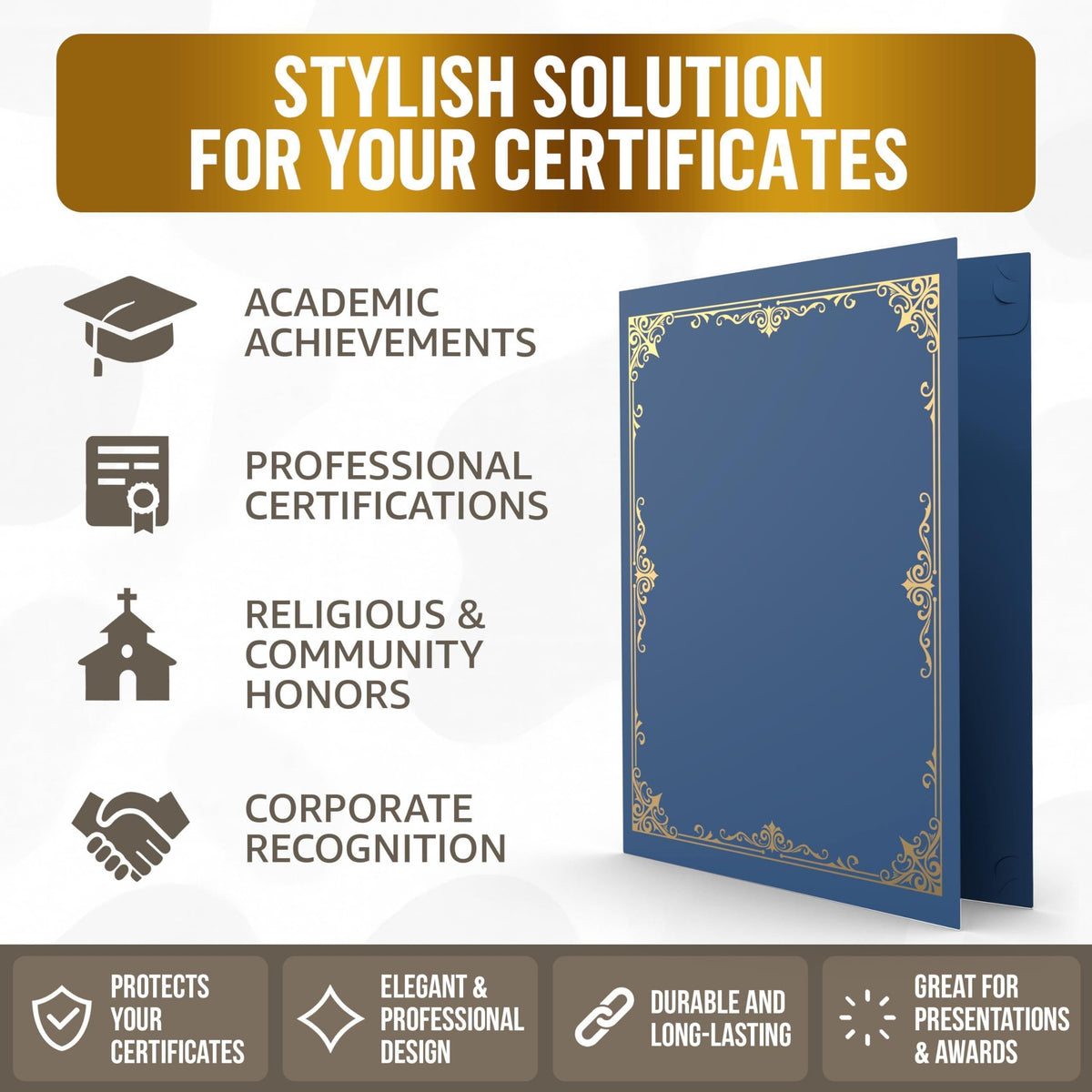 50 Pack Premium Blue Certificate Holders 8.5 x 11 inch Heavyweight 300gsm Cardstock Diploma Holder & Certificate Folder   Award Certificate Folders for Graduation with Gold Foil Diploma Cover