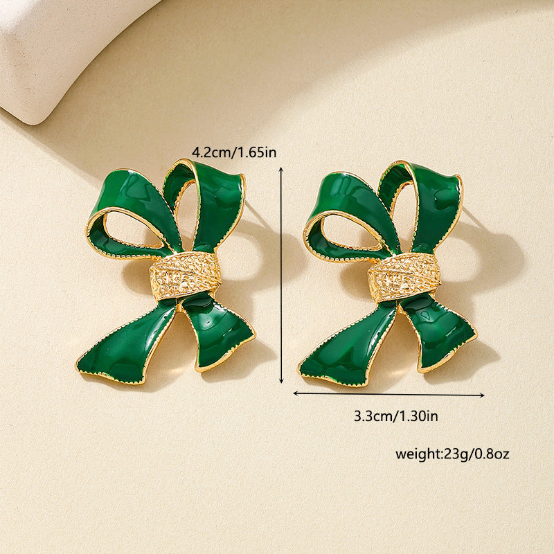 Dripping Oil Green Bow Womens Earrings