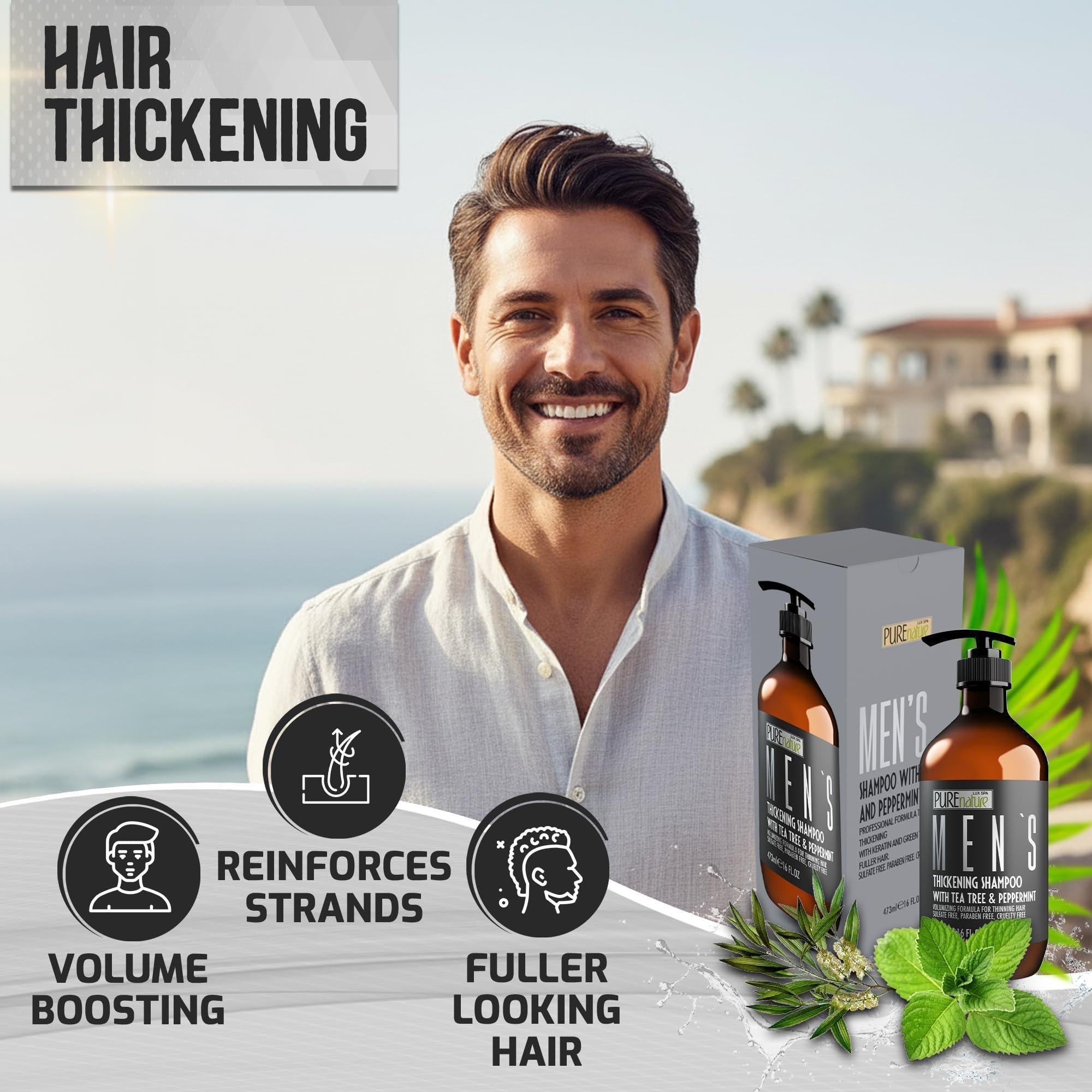 Mens Shampoo Sulfate Free for Thinning Hair 16 Fl Oz Volumizing and Hair Thickening Salon Grade Professional Formula for Thin and Fine Hair Men Strengthening Paraben Free Shampoo