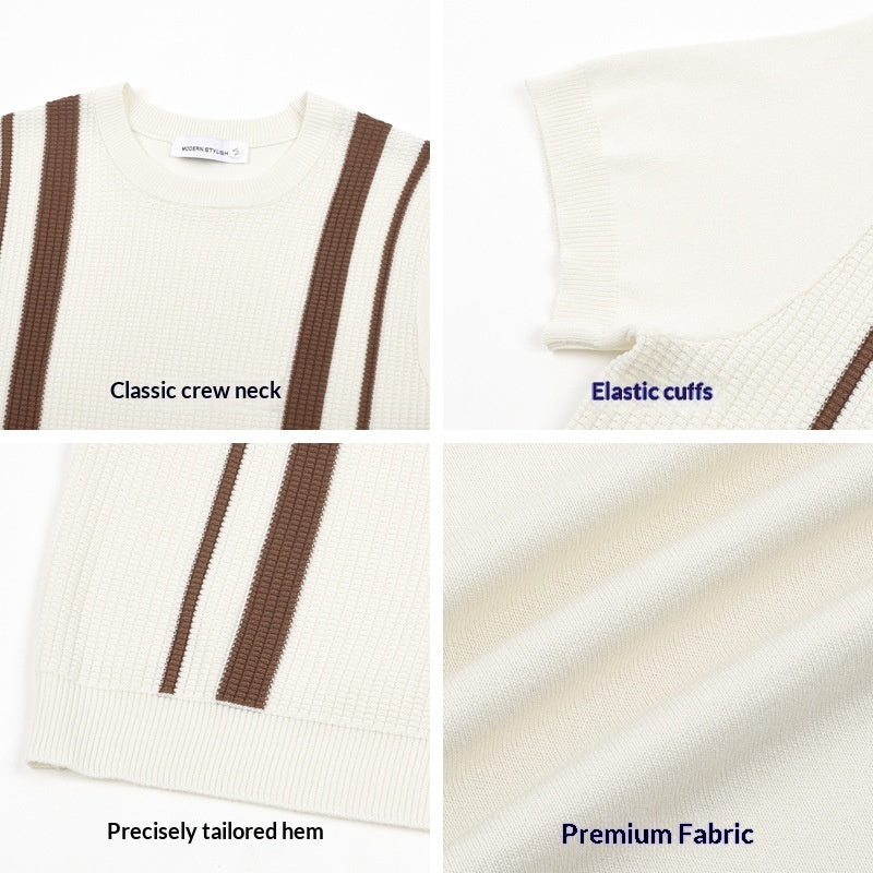 Mens Ice-Silk Cool-Feel Striped Crew-Neck Knitted Top