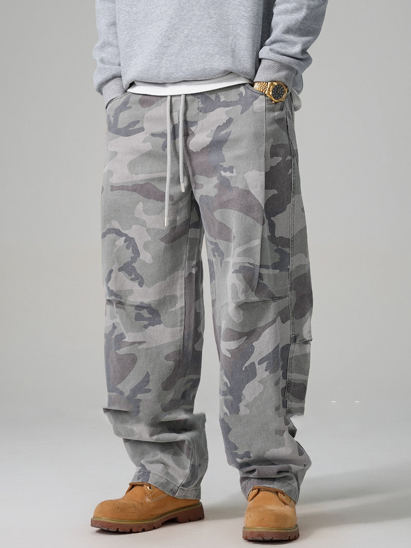 American-style Retro Pure Cotton Camouflage Work Pants Straight-leg Loose Fit With A Drawstring