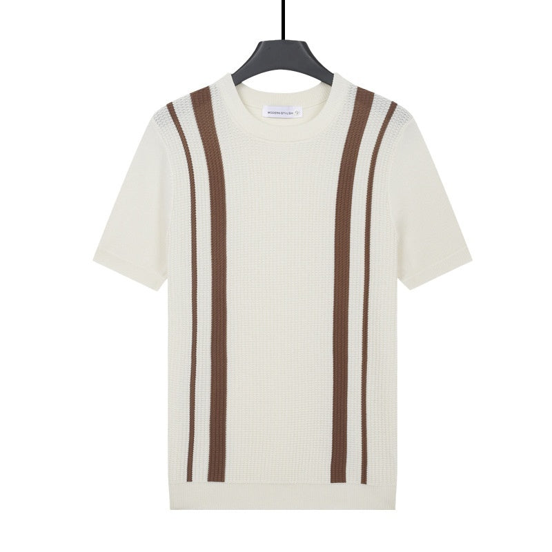 Mens Ice-Silk Cool-Feel Striped Crew-Neck Knitted Top