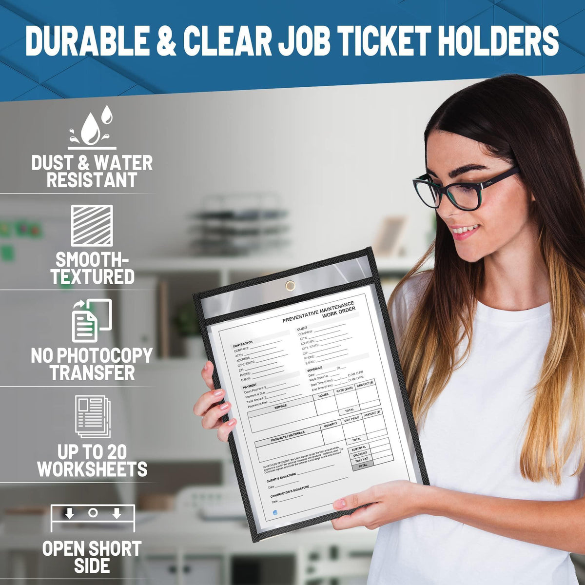 30 Pack 8.5x11 inch Job Ticket Holders Simply Insert and Remove up to 20 Sheets