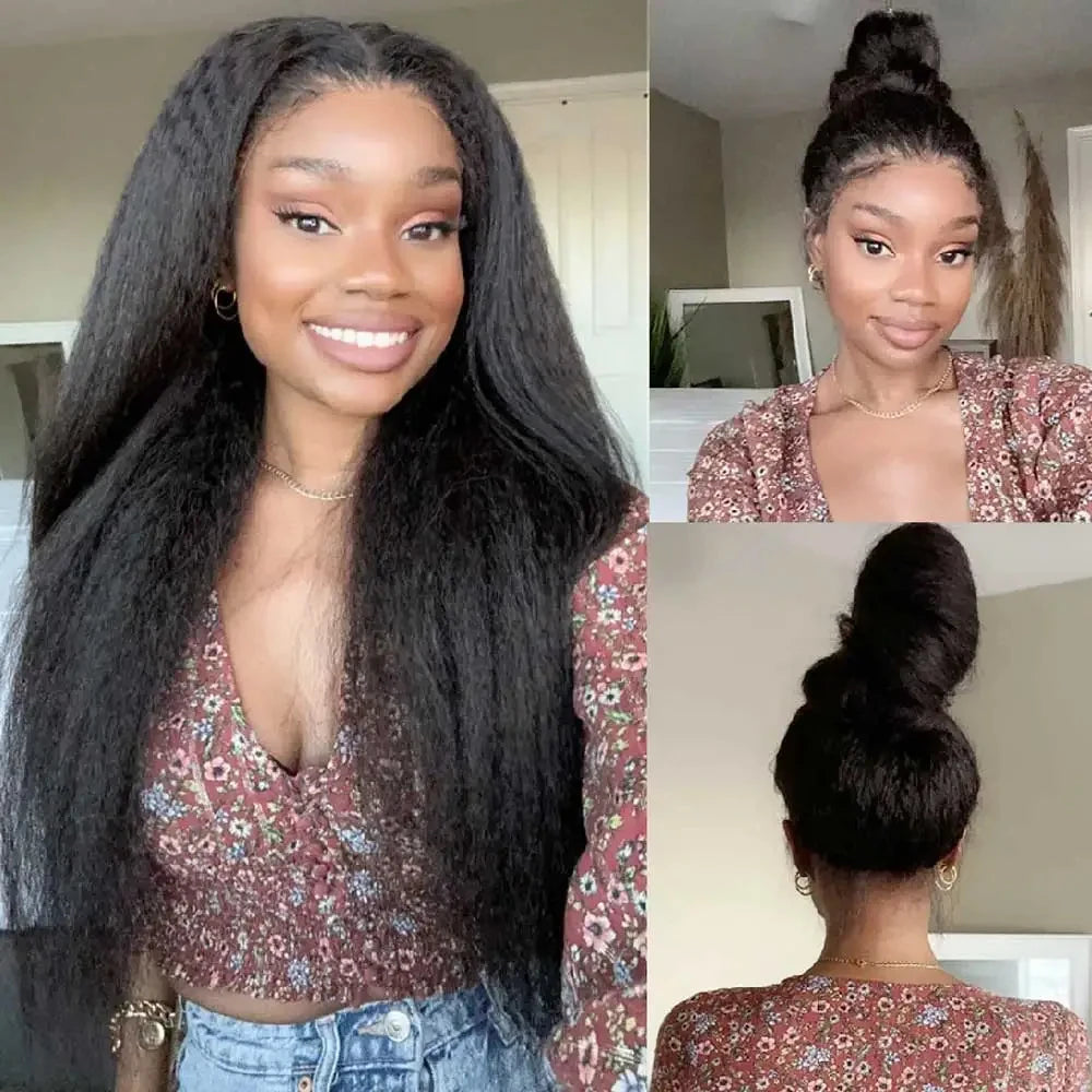 250% Density Kinky Straight Wig Made from Human Hair Featuring a 13X4 HD Lace Front Ideal for Women This Glueless Frontal Wig